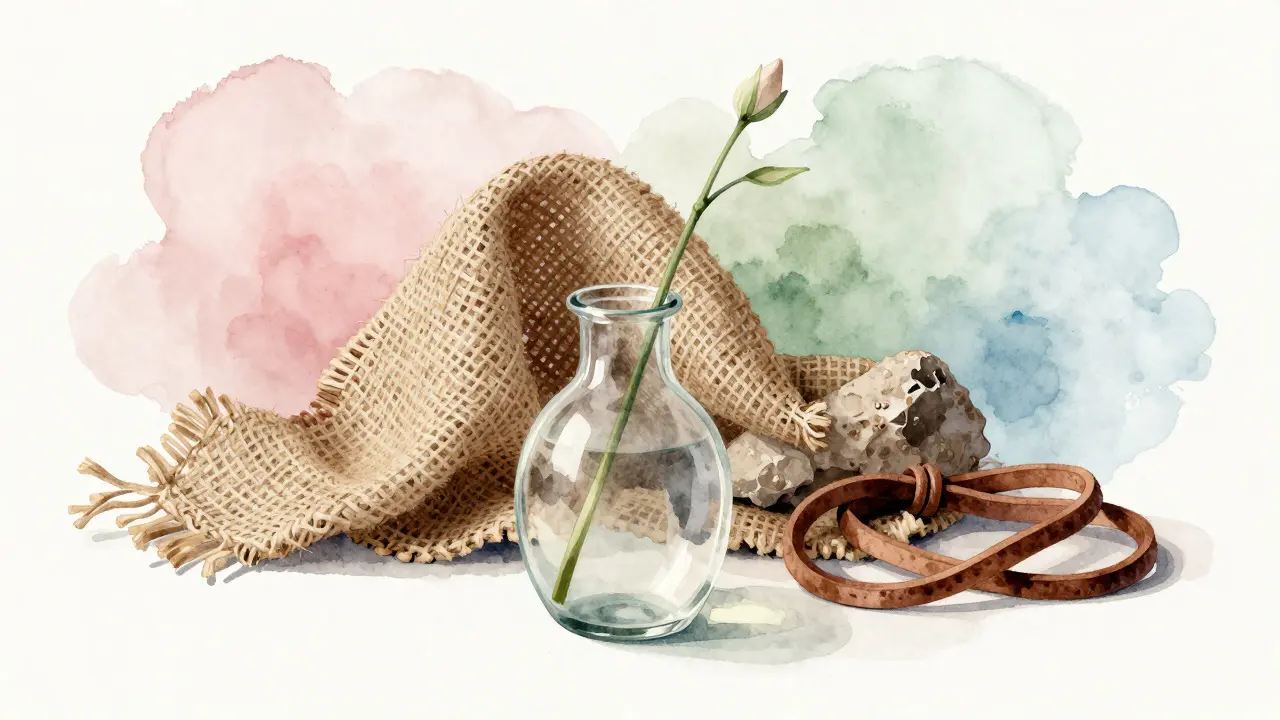 Akvarelová ilustrace kontrastu hladkého skla a hrubé jutové látky v pastelných tónech