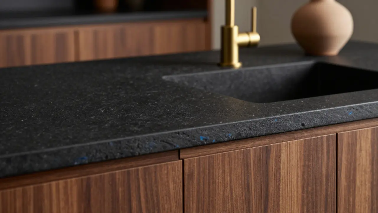 Close-up of anthracite black stone counter with gold fixtures and warm wood cabinets