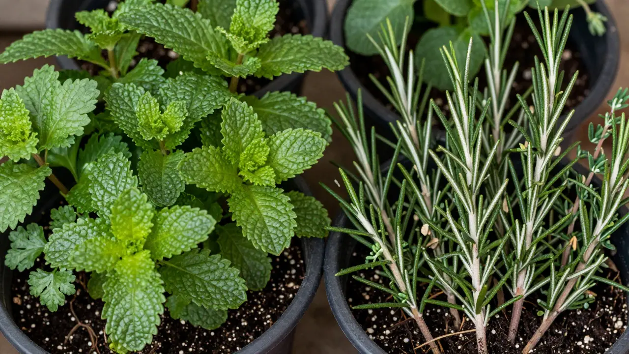 Close-up of various healthy herbs like mint and rosemary in soil
