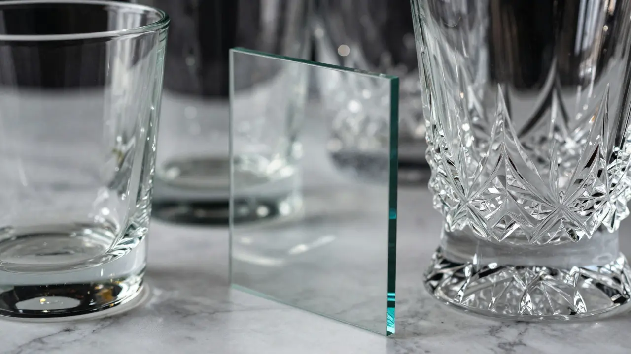 Comparison of glass types including crystal decanter and float glass on marble