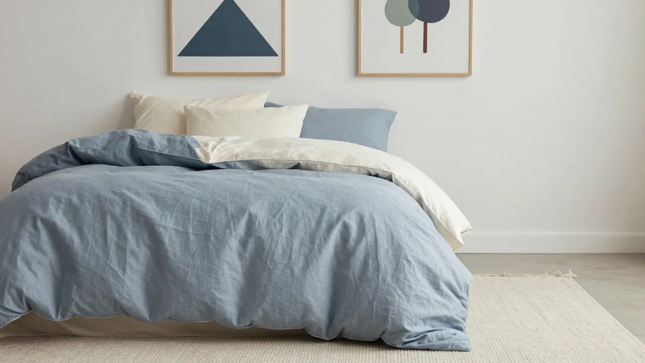Cozy bedding and abstract nature decor in a staged children's room