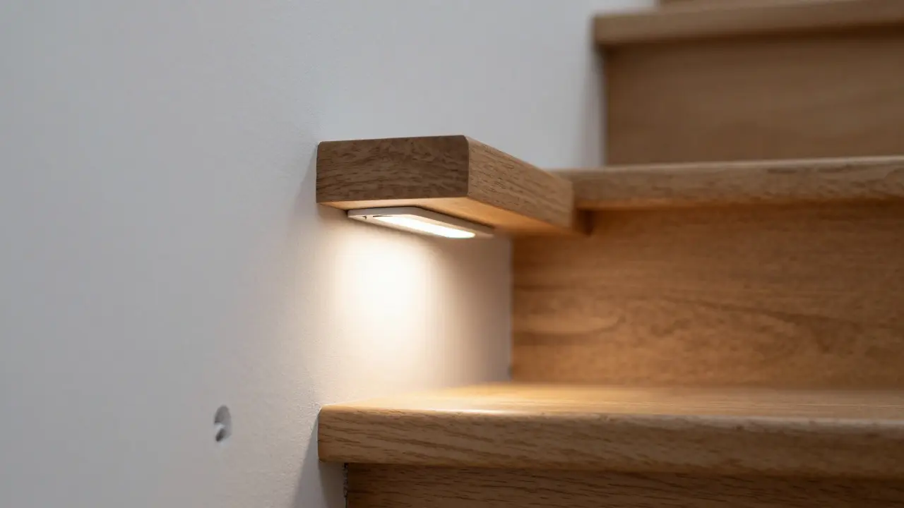 Detail instalace LED pásky a bodového svítidla na schodu