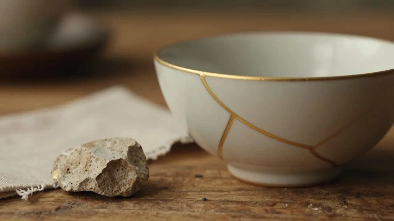 Detail keramiky opravené technikou kintsugi na dřevěném povrchu