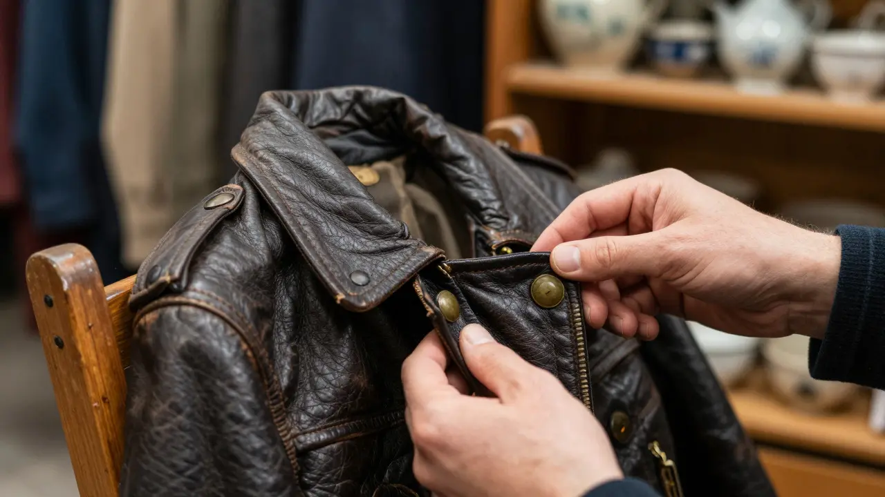 Detail rukou prohlížejících vintage koženou bundu na bazaru