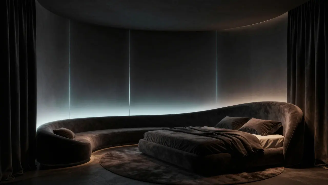 Futuristic bedroom with curved black furniture and glowing photoluminescent wall panels