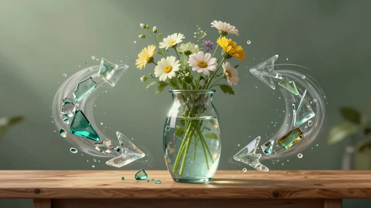 Glass vase with flowers and abstract recycled glass elements illustrating sustainability