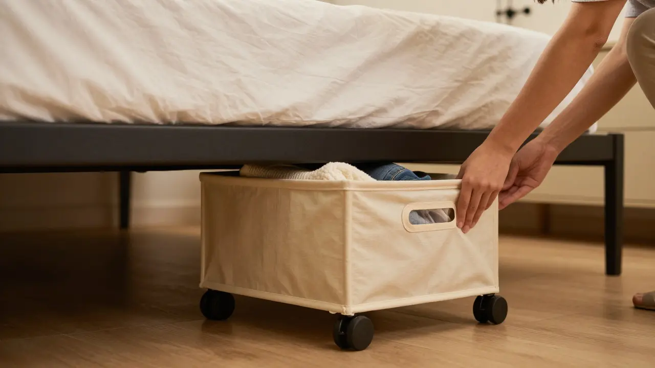 Hands pulling out under-bed storage container