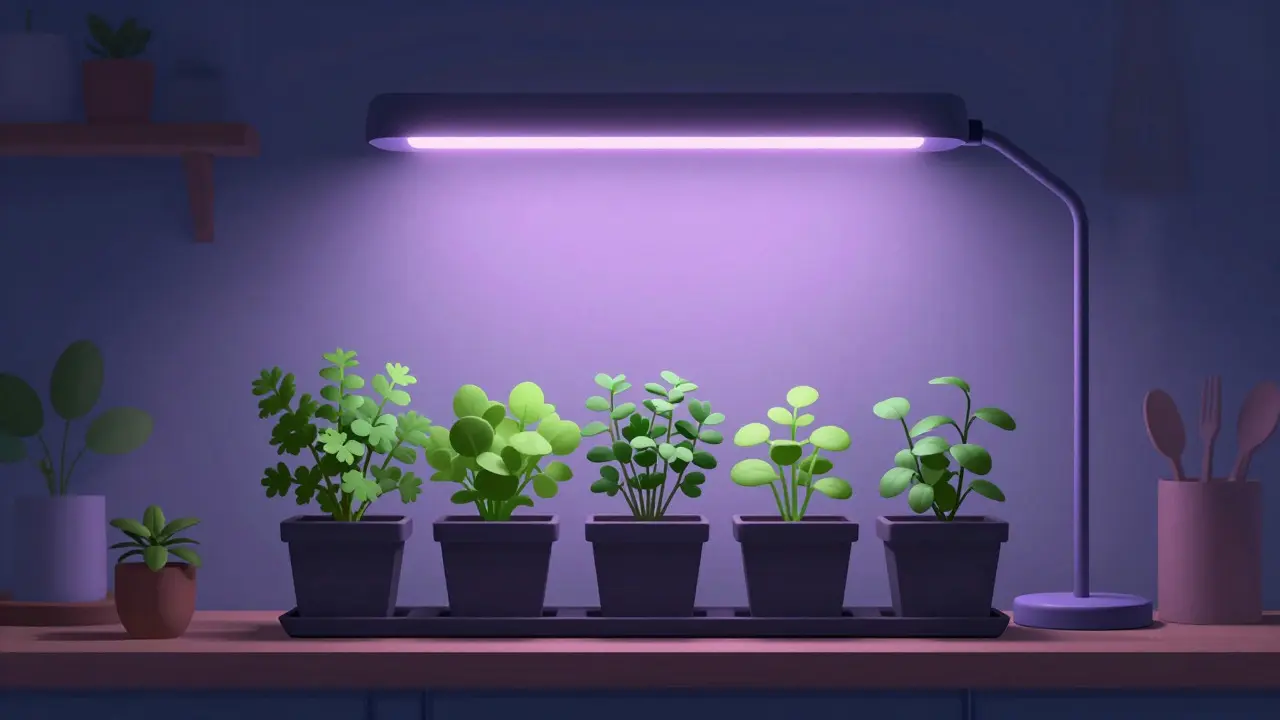 Herbs under an LED grow light in a modern kitchen setting