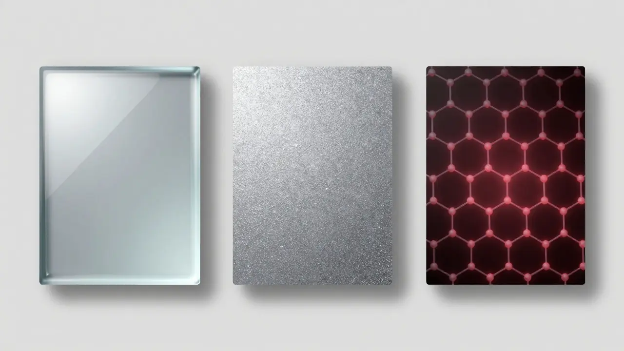 Ilustrace tří typů antimikrobiálních materiálů: lak, stříbro a grafen