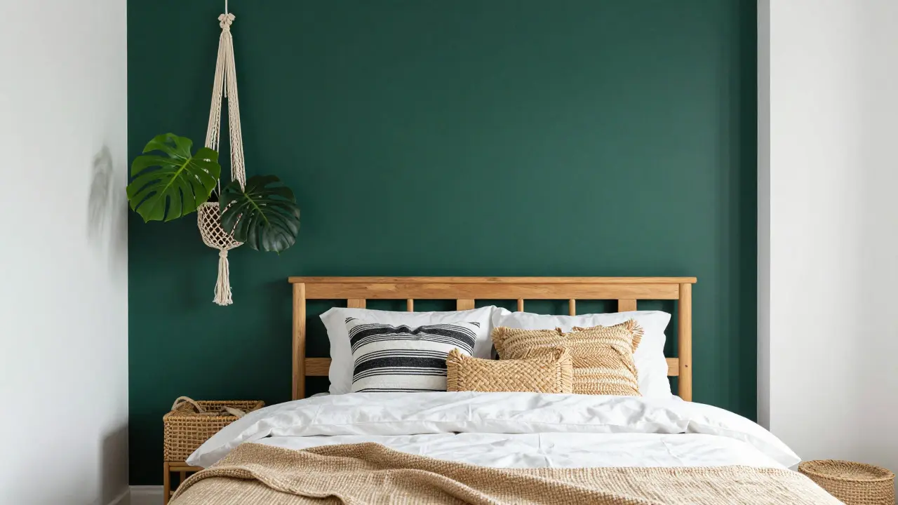 Ložnice se zelenou akcentovou zdí a rostlinou ve stylu Scandi Boho