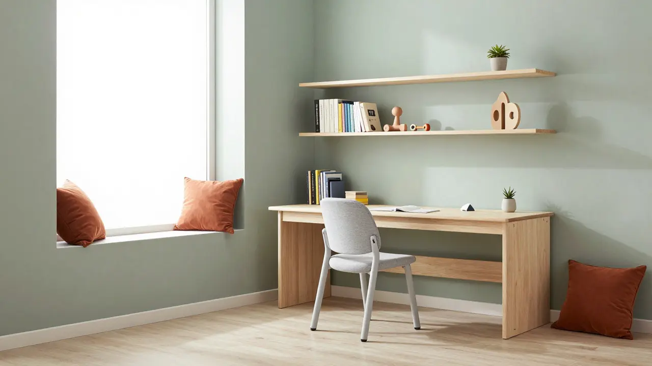Minimalist study corner and organized shelves in a staged kids' room