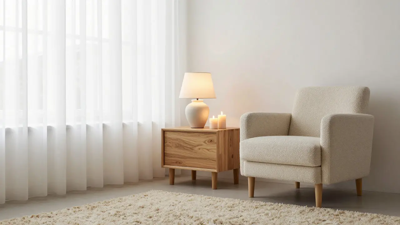 Minimalistický koutek ložnice s nočním stolem, svíčkami a pufem