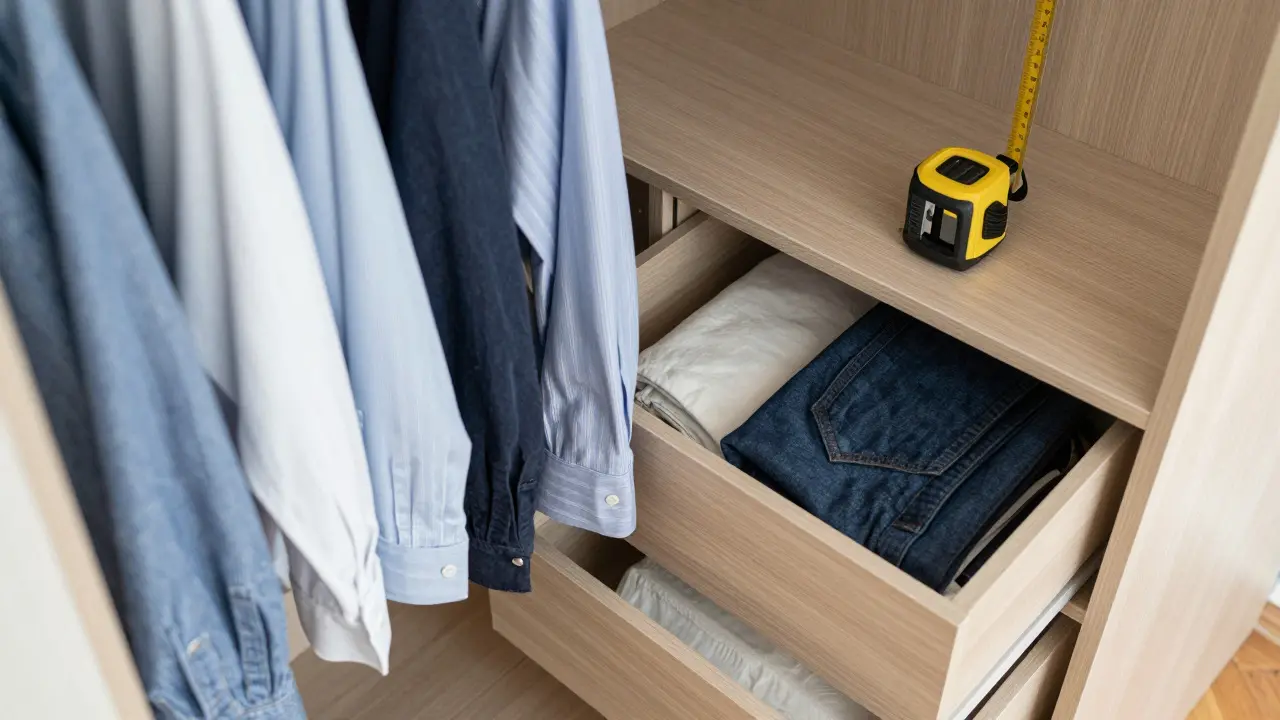 Organized closet interior with laser measuring tool