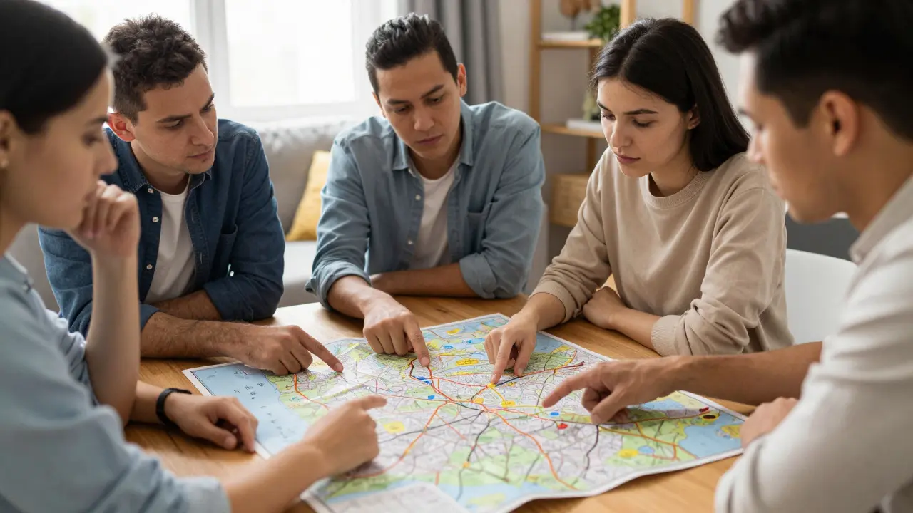 People analyzing a real estate map in a living room