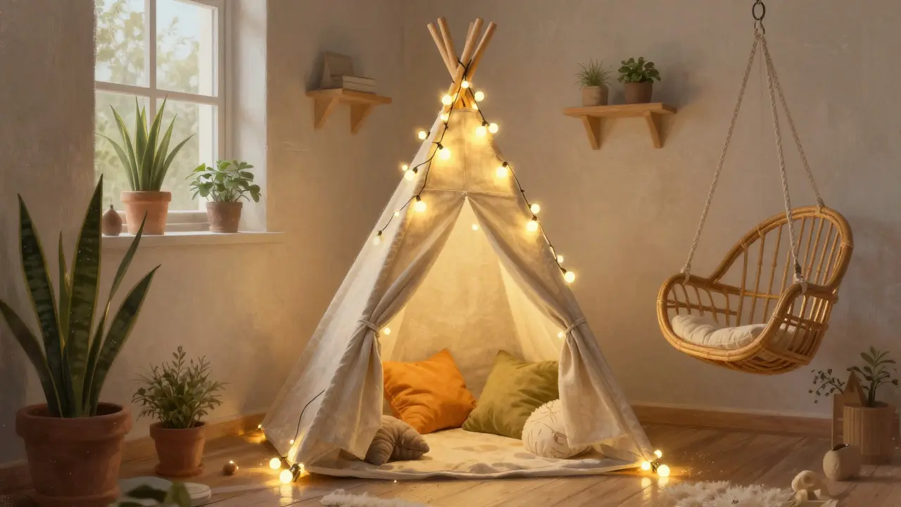 Útulný koutek se stanem teepee a světelnými řetězy