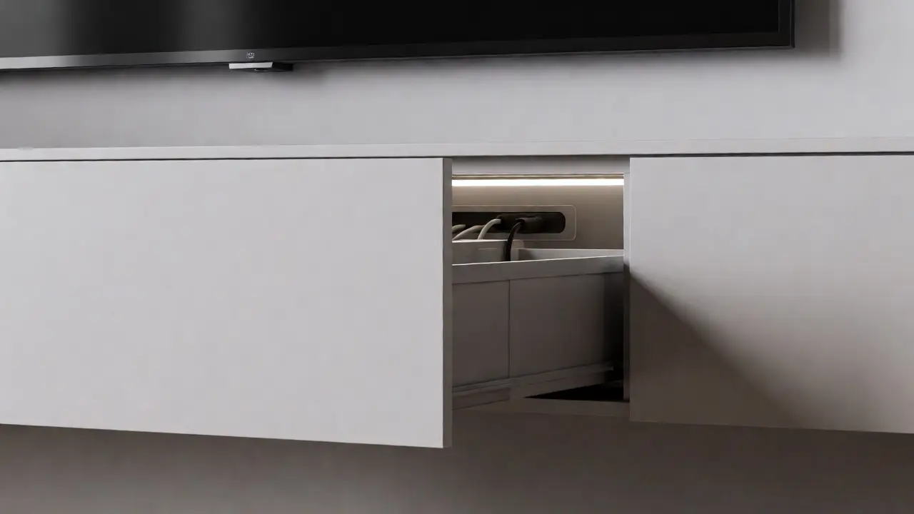 Detail plovoucí komody se skrytými zásuvkami a integrovaným řešením kabelů.