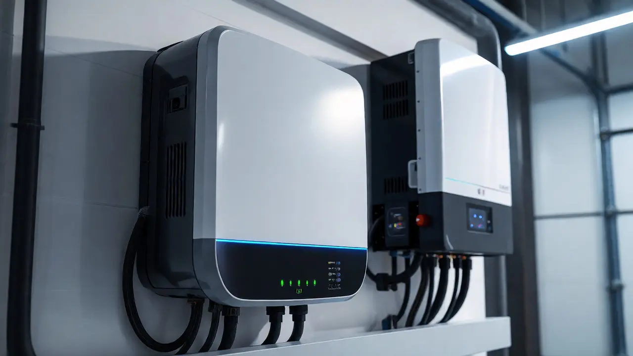 Detailní pohled na bateriové úložiště LFP a hybridní měnič v technické místnosti