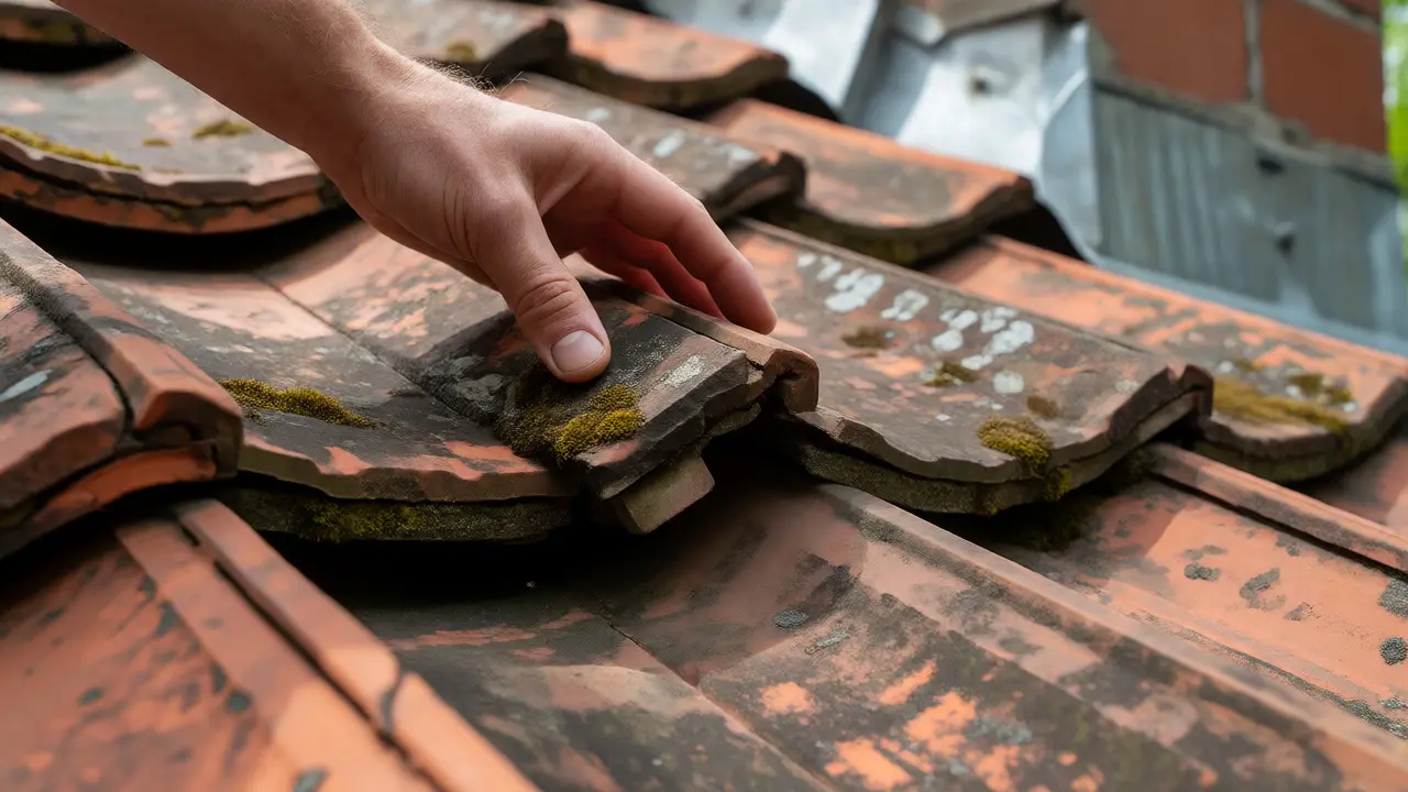 Detailní pohled na prasklou a mechem porostlou střešní tašku během kontroly.