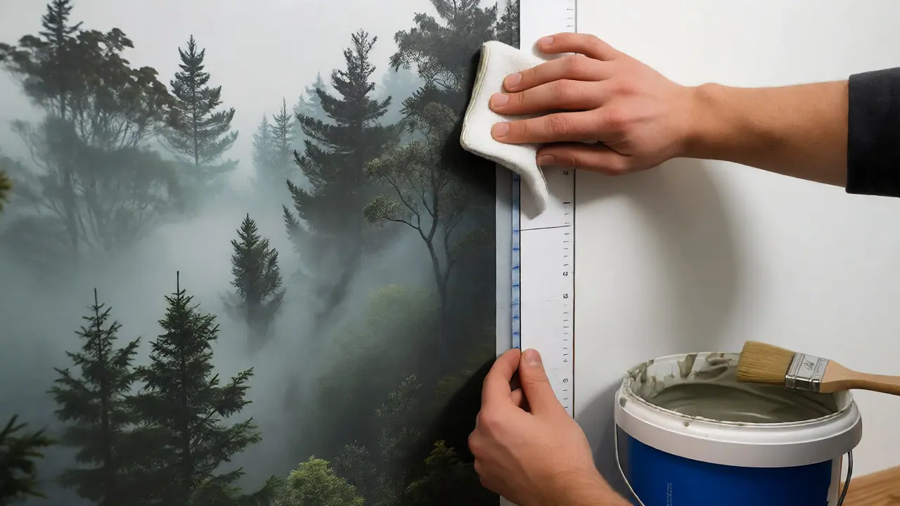 Detailní záběr na vyhlazování fototapety s lesním motivem na stěnu pomocí hadříku.