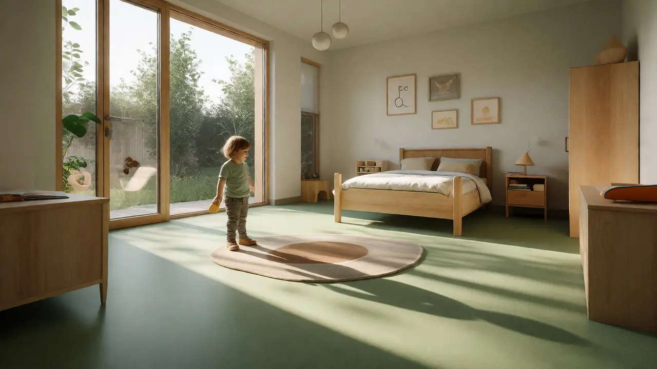 Dětský pokoj s ekologickou podlahou marmoleum a přirozeným světlem.