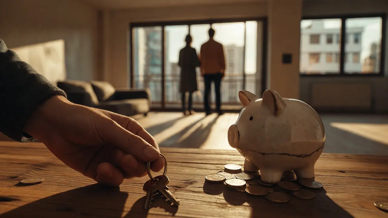 Klíče od nového bytu vedle prasátka jako symbol finanční rezervy.