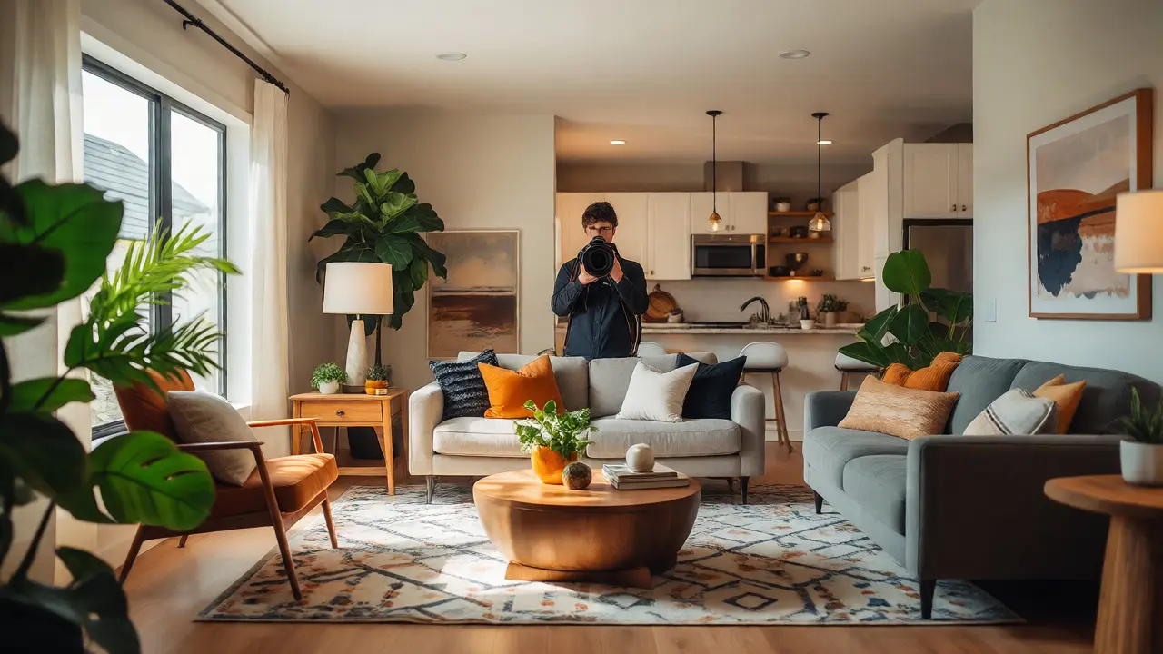 Kompletně zařízený byt po home stagingu s fotografem pořizujícím snímky