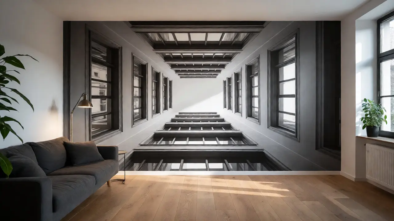 Moderní obývák s černobílou architektonickou fototapetou jako dominantním prvkem interiéru.