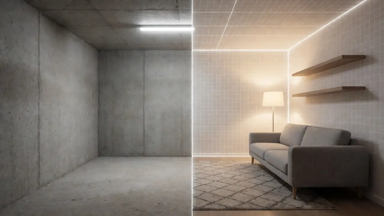 Porovnání prázdného bytu a virtuálního stageingu s nábytkem pomocí AI