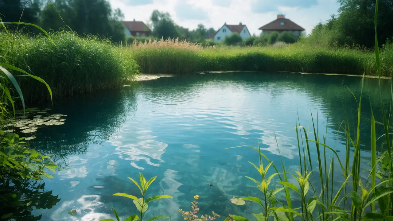 Přírodní biotop s čistou vodou v blízkosti obytné zóny pro relaxaci.