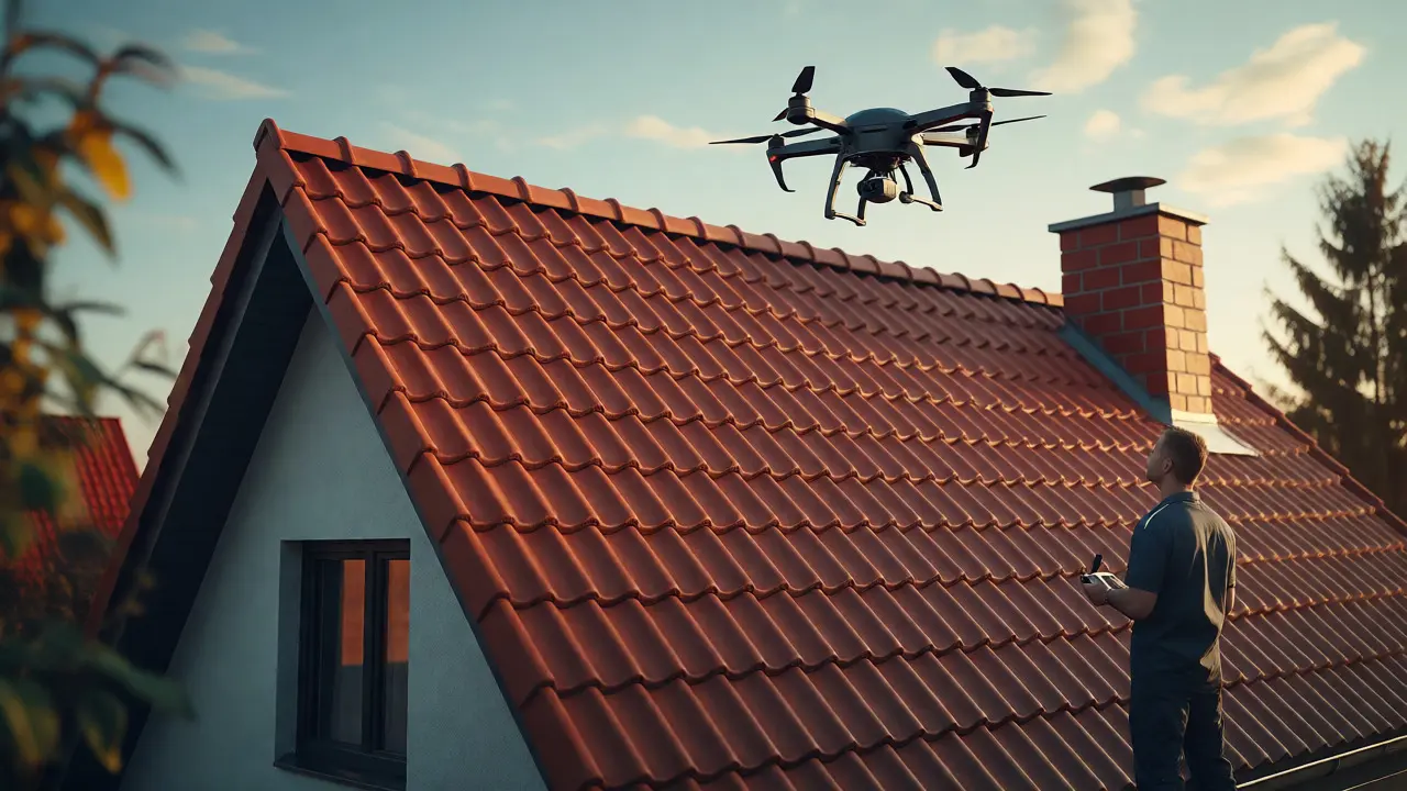 Profesionální kontrola střechy pomocí dronu nad domem v České republice.