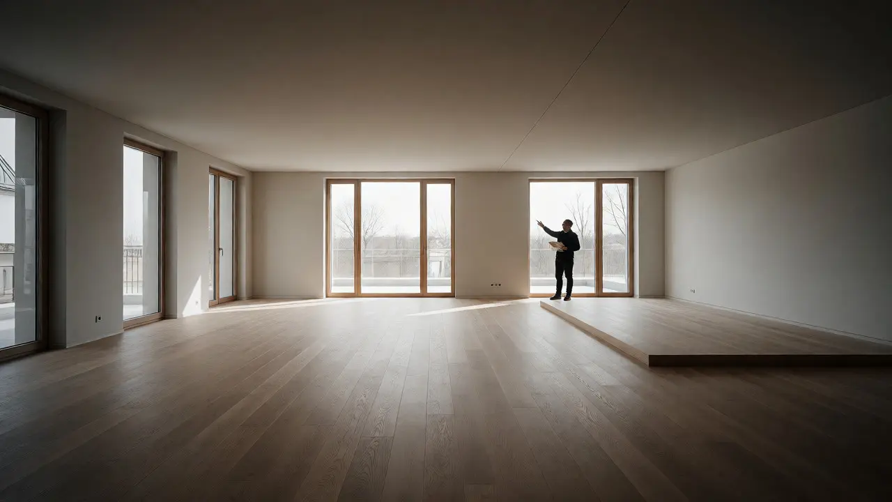 Architekt kontroluje dokončený moderní obývák při předání díla