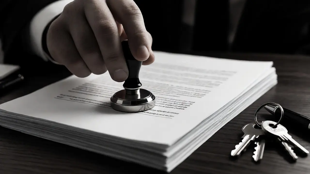 Close-up of a hand stamping legal documents on a desk with keys nearby.