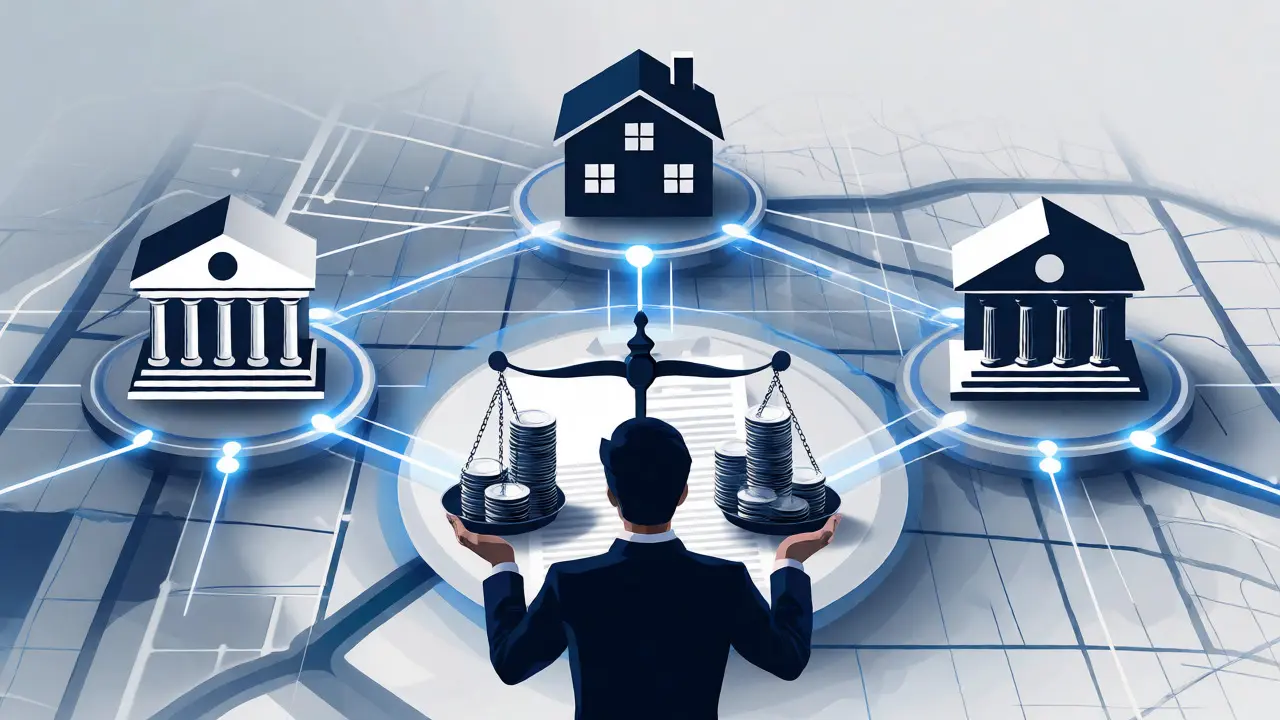 Conceptual illustration of banks, a house, and a lawyer connected by digital lines.