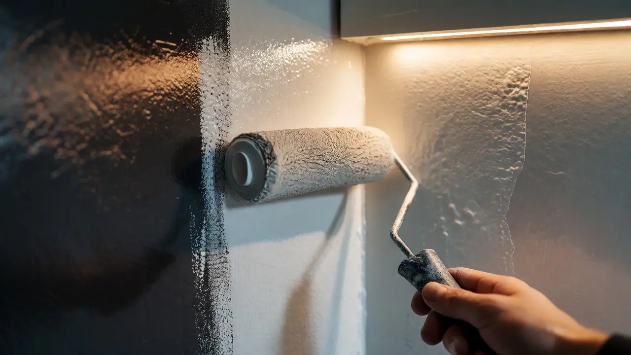 Detail aplikace světlé barvy na zeď pro zvýšení odrazivosti světla