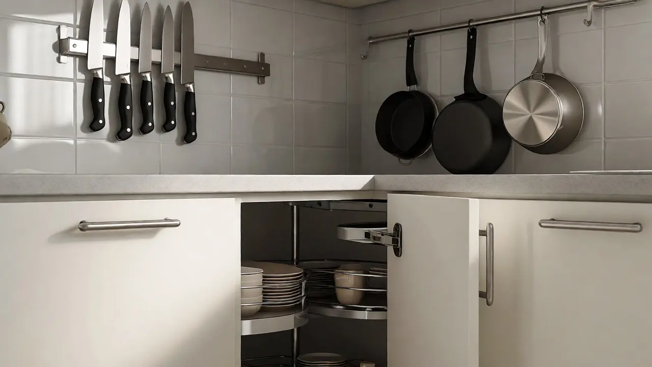 Detail chytrého úložného prostoru s magnetickou lištou a ročním karuselem