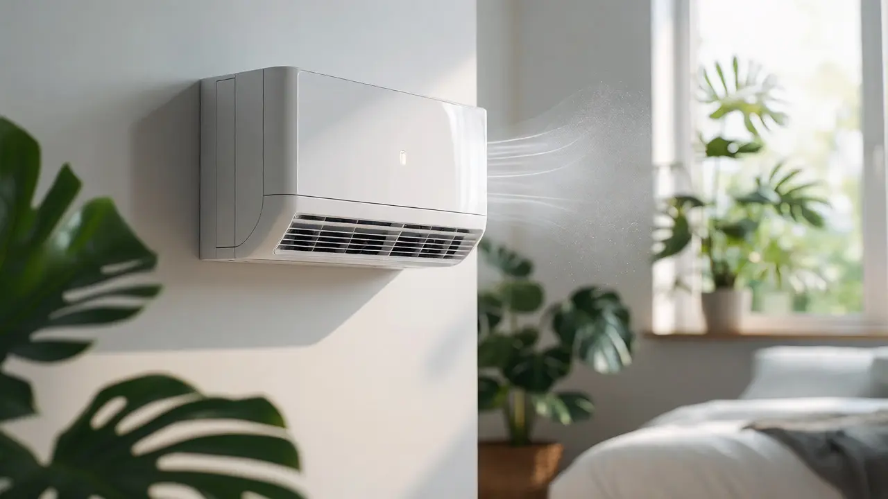 Detailní pohled na lokální rekuperační jednotku ve světlé a čisté ložnici.