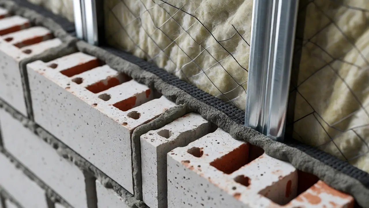 Detailní řez akustickou cihlovou stěnou s izolací