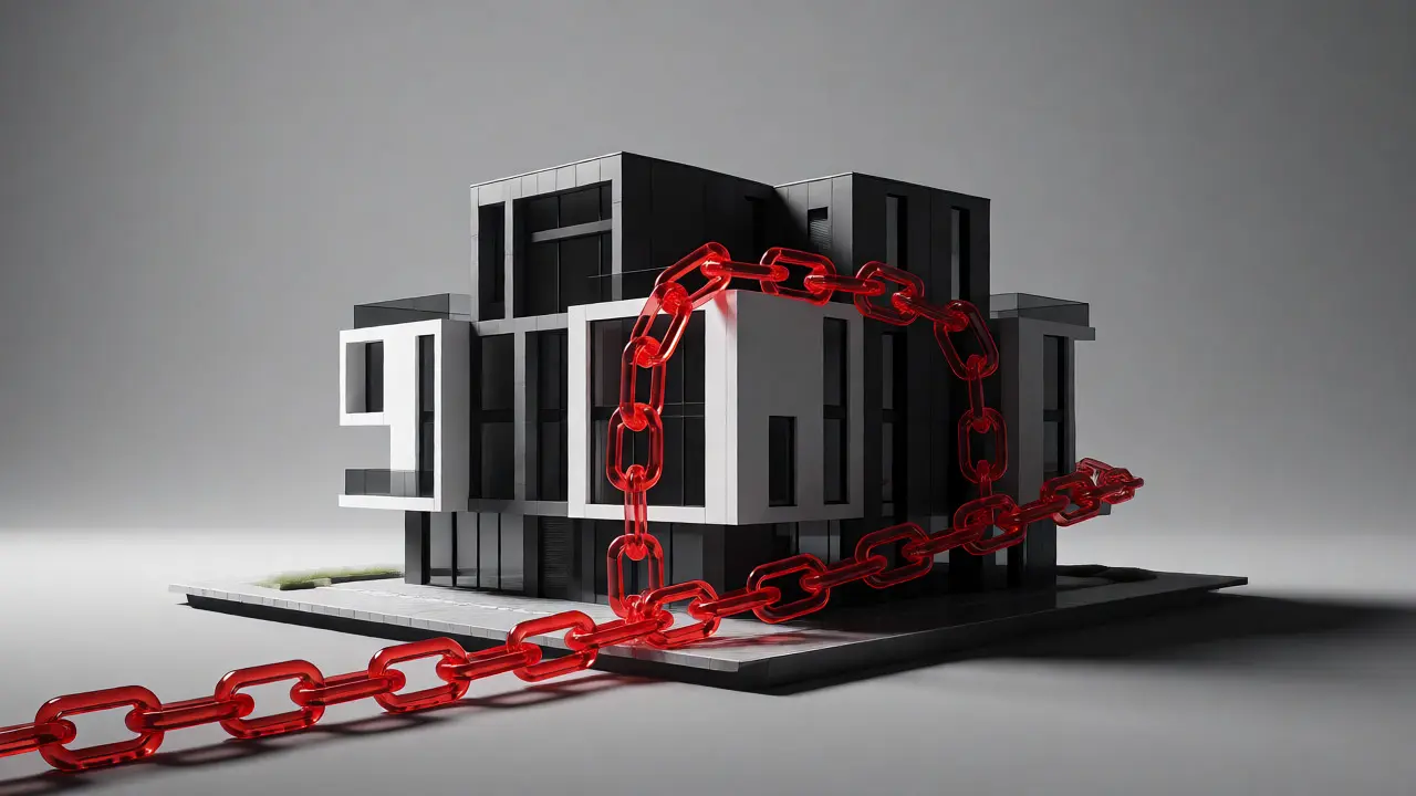 Konceptuální 3D vizualizace domu obaleného řetězy symbolizujícími omezení vlastnictví
