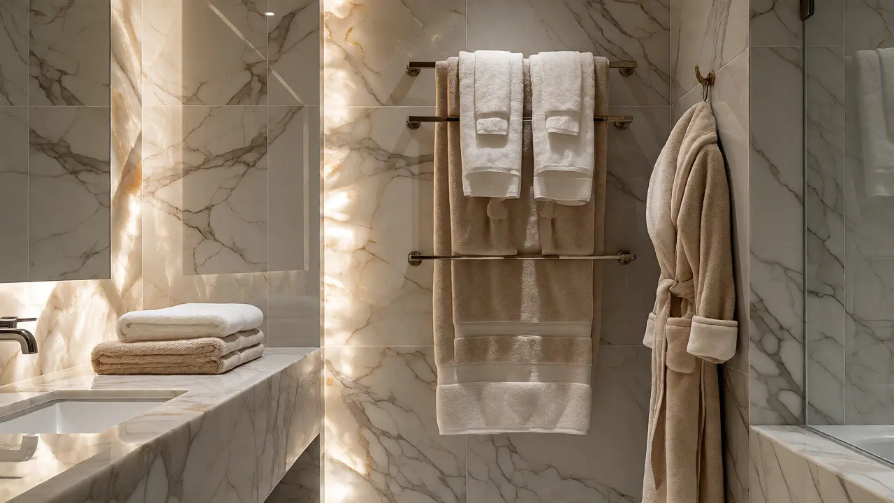 Koupelna ve stylu soukromého wellness s mramorem a měkkými ručníky