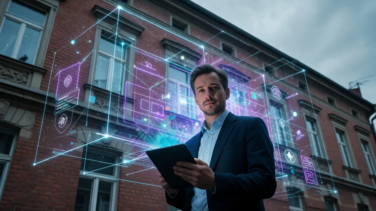 Realitní makléř s holografickou vizualizací AI analýzy před českým domem