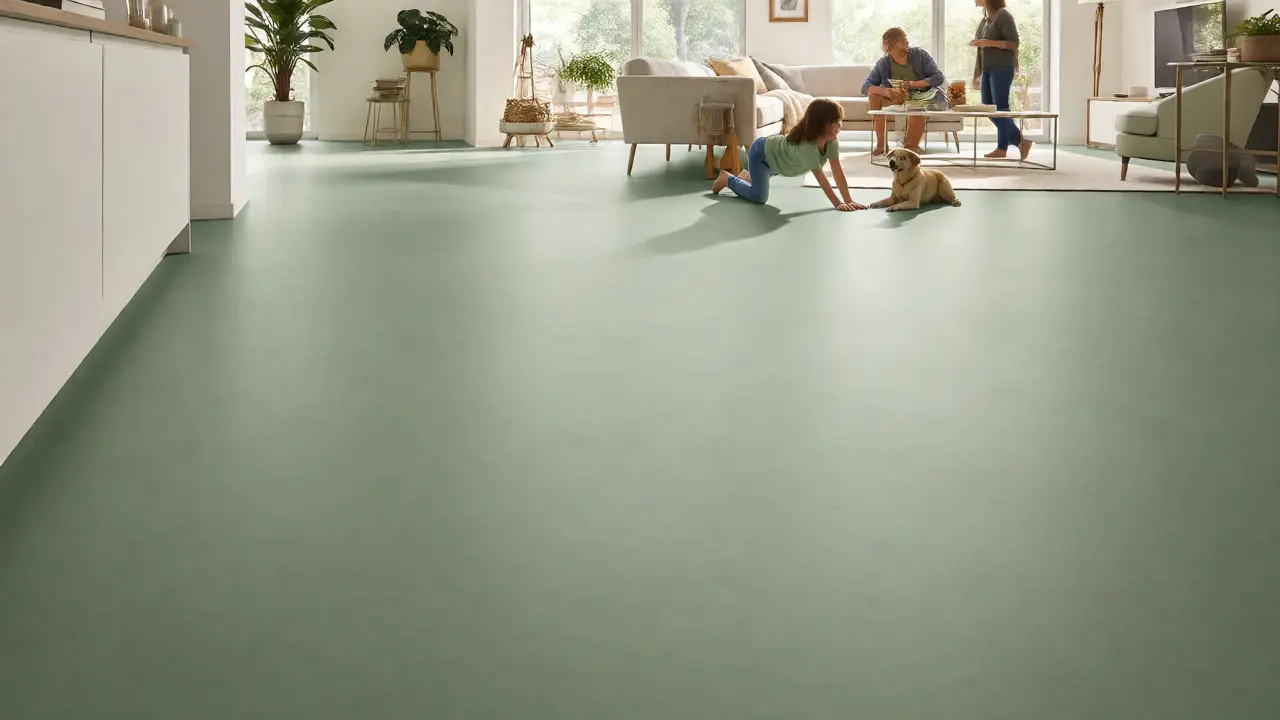 Rodina s psem na hladké zelené linoleové podlaze v světlém obýváku