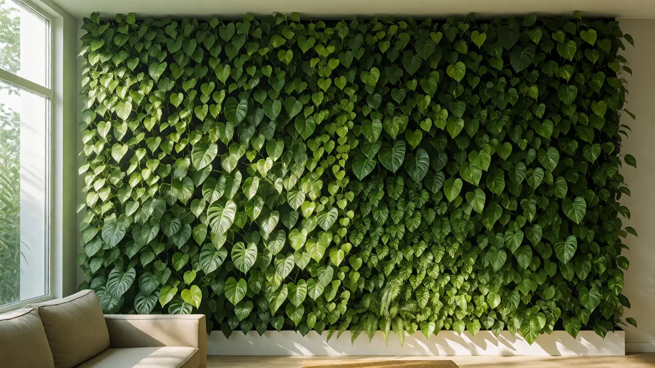 Živá zelená stěna s bohatou vegetací v obýváku